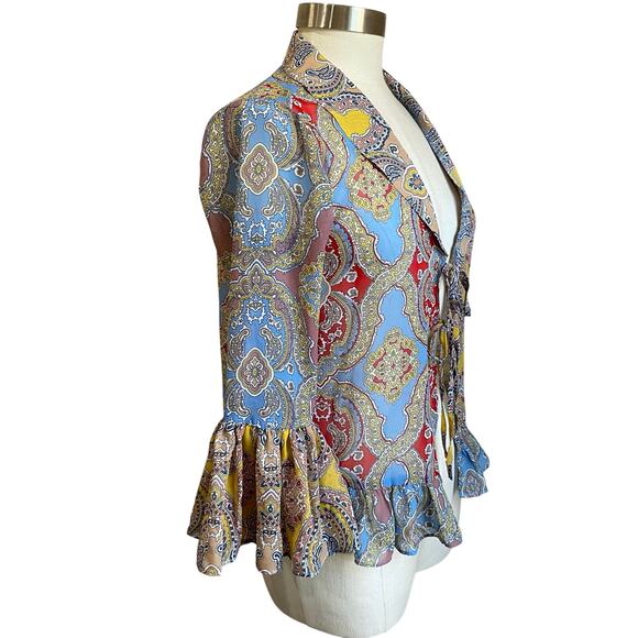 CATO Paisely Front Tie Causal Boho Flare Sleeve Blouse Size XS NWT - Picture 3 of 10